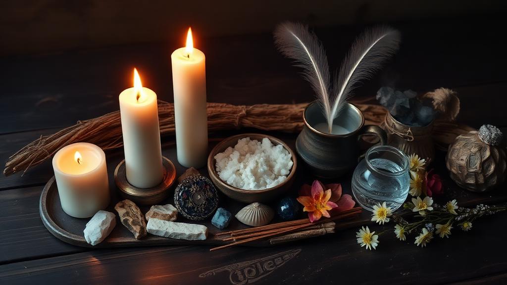 Witch altar with candles, salt, feather and water