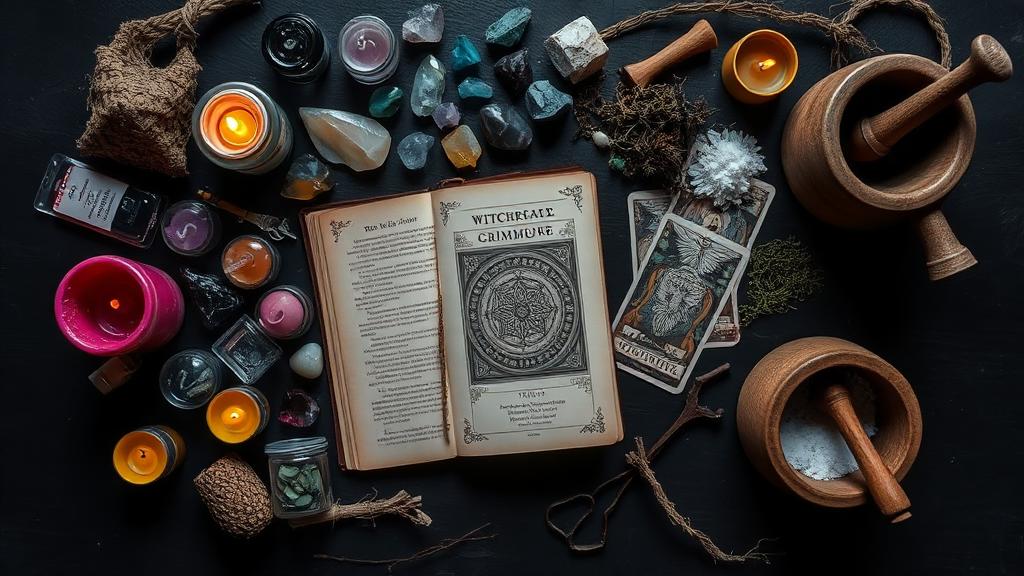 Witchcraft tools flat lay with crystals, candles, herbs and grimoire